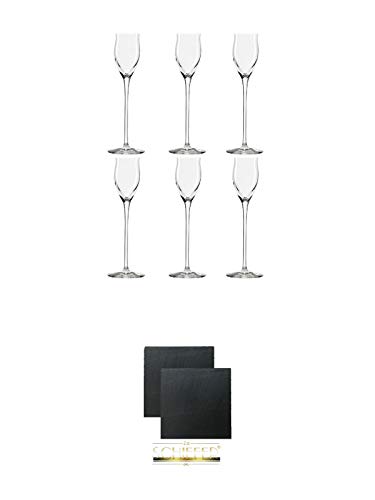 Edelbrandglas Stölzle 6 Gläser - Quadrophil 231/30 + Schiefer Glasuntersetzer eckig ca. 9,5 cm Ø 2 Stück