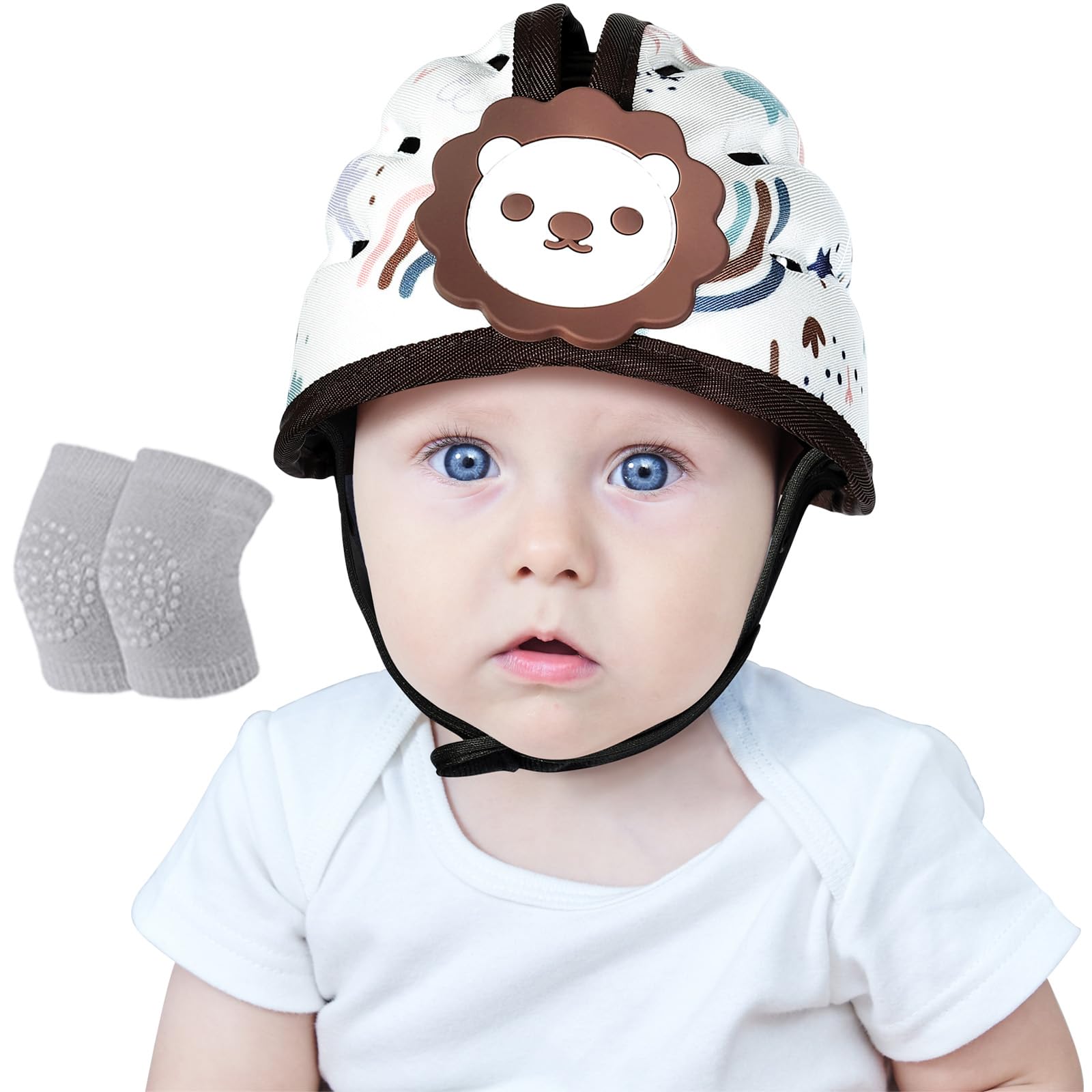 Orzbow Baby Helm,Atmungsaktiver Baby Kopfschutz zum Krabbeln und Gehen, Verstellbarer Baby Sicherheitshelm,Anti-Kollision,Ultraleicht,Hochwertige Baumwolle und EVA (Brauner Löwe)