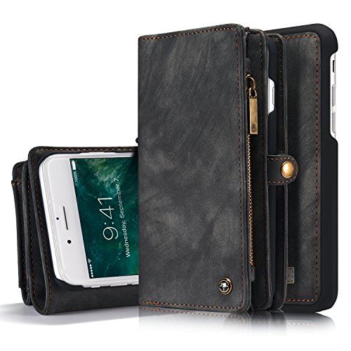 iPhone 6/6s 4,7"Case Hülle Geldbörse mit Kartenfächer,Grau, Geldscheinfach mit Reißverschluss Premium abnehmbar Magnet Handy Schutzhülle