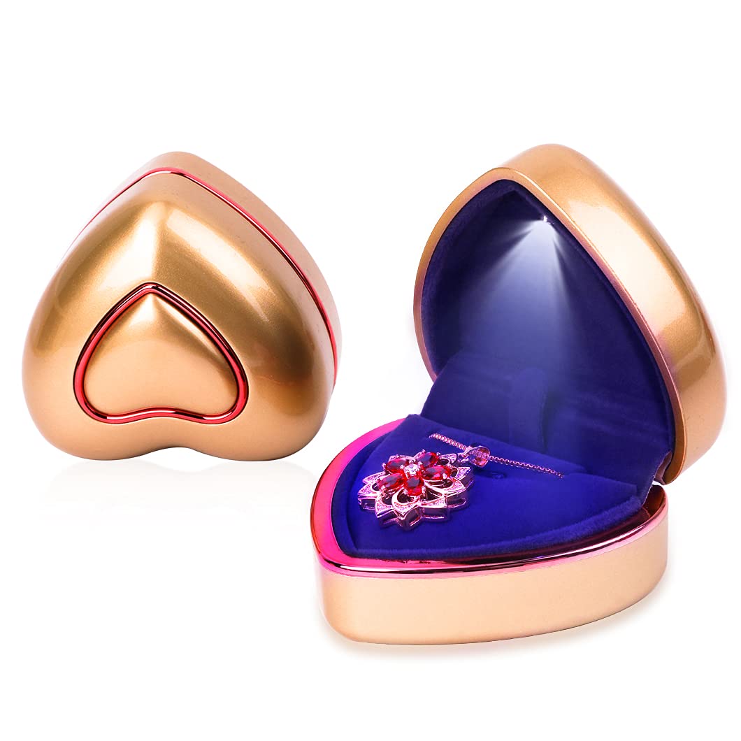Rolin Roly Anhänger Halskette Box mit LED-Licht Herzform Box Geschenkboxen aus Samtschmuck Necklace Box Gift für Ringe Ohrringe Hochzeit Verlobun (Gold Heart Pendant Box)