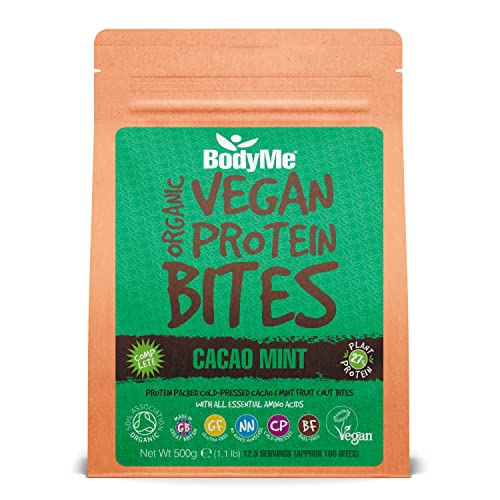 BodyMe Bio Vegane Protein Snacks Bisse | Roh Kakao Minze | 500g | 100 Bisse | Mit 3 Pflanze Proteine