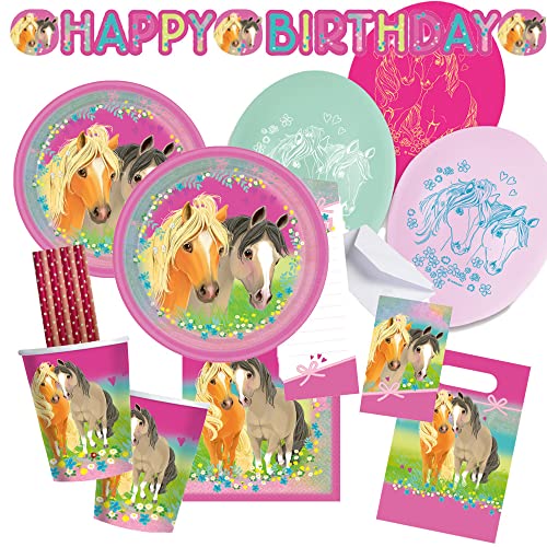amscan/spielum 67-teiliges Party-Set Pferde - Pretty Pony - Teller Becher Servietten Ballons Einladungen Tüten Girlande Trinkhalme für 8 Kinder