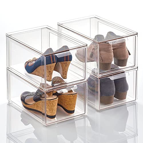 mDesign Aufbewahrungsbox mit Schublade – stabile Schubladenbox aus Kunststoff zur Schuhaufbewahrung – Stapelbox für Schuhe, Accessoires und mehr – 4er-Set – durchsichtig