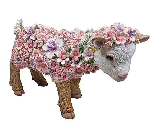Fachhandel Plus Dekofigur Ziege stehend mit Blumen lustige Gartendeko Tierfigur Indoor Outdoor