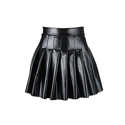 Women Sexy Lingerie Pleated Skirt High Waist Real Leather Clubwear Short Mini Skirt (X-Small, Black)