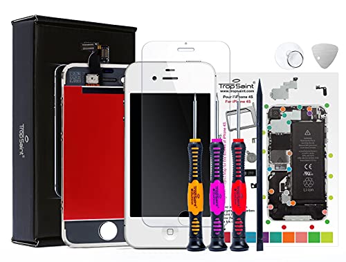 Trop Saint® Display Weiß Kompatibel mit iPhone 4S Bildschirm Reparaturset mit Magnetische Schraubenkarte, Werkzeug, Anleitung und Panzerglassfolie