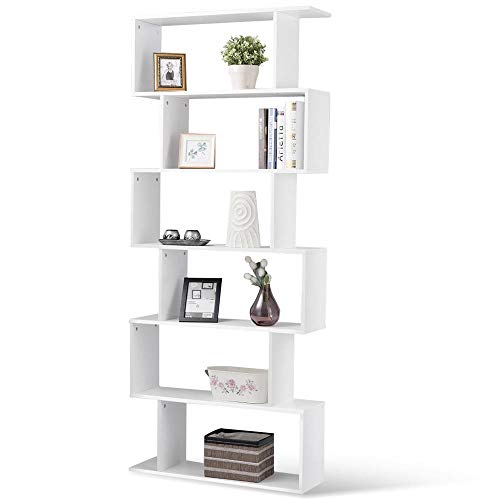 BAKAJI Bücherregal mit 6 Ablagen aus Holz, modernes Design Zig Zag für Wohnzimmer, Wohnzimmer, Haus oder Büro, Größe 80 x 24 x 190 cm (Weiß)