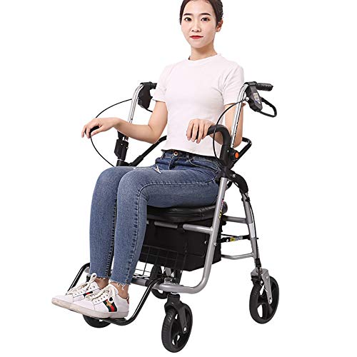 Schwerlast-Rollator für ältere Menschen, mit 8-Zoll-Rädern und Sitz, Bremsen und Korb, leichter zusammenklappbarer Tritthilfe, silberner Rollstuhl