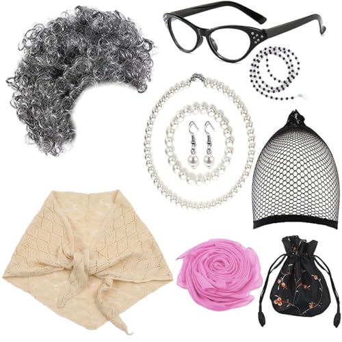 BCIOUS Cosplay Set für Damen, Erwachsene, Oma-Perücke, Brille, künstliche Halskette, Ohrringe, Oma-Kostüm für Party, Cosplay, Kostüm, Anzug