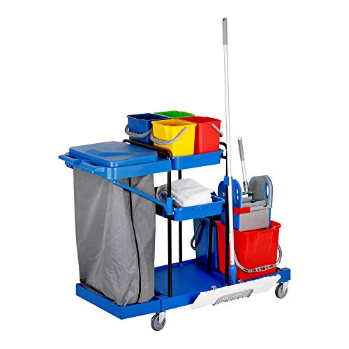 STIER Großer Hygiene- und Reinigungswagen, inkl. STIER Wischmop Set und 5x STIER Moppbezug, Profi Putzwagen, mit Presse, mit 2 Eimern mit 18 l in rot/blau