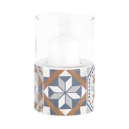 3 Stück Rivanto® Windlicht Portugisische Kacheln mit Betonsockel, Glasglocke, Ø 11,2 x 17,2 cm, rundes Tischlicht