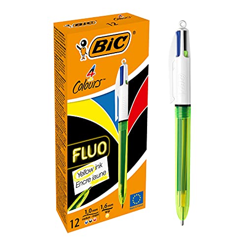 BIC vier Farben Kugelschreiber Fluo - Kugelschreiber dokumentenecht mit roter, blauer, schwarzer und neongelber Mine mit Highlight-Funktion - Schachtel à 12 Stück