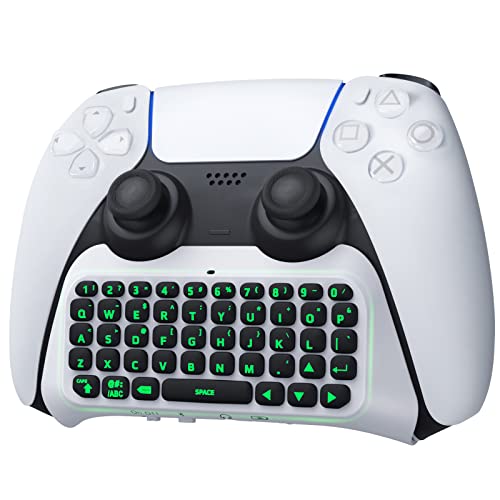 TiMOVO Drahtlose Tastatur Kompatibel mit PS5, Mini Bluetooth Tastatur für PS5 Controller Messaging Gaming Live Chat, PS5 Spielzubehör mit Grüner Hintergrundbeleuchtung und 3,5 mm Audiobuchse,​ Weiß