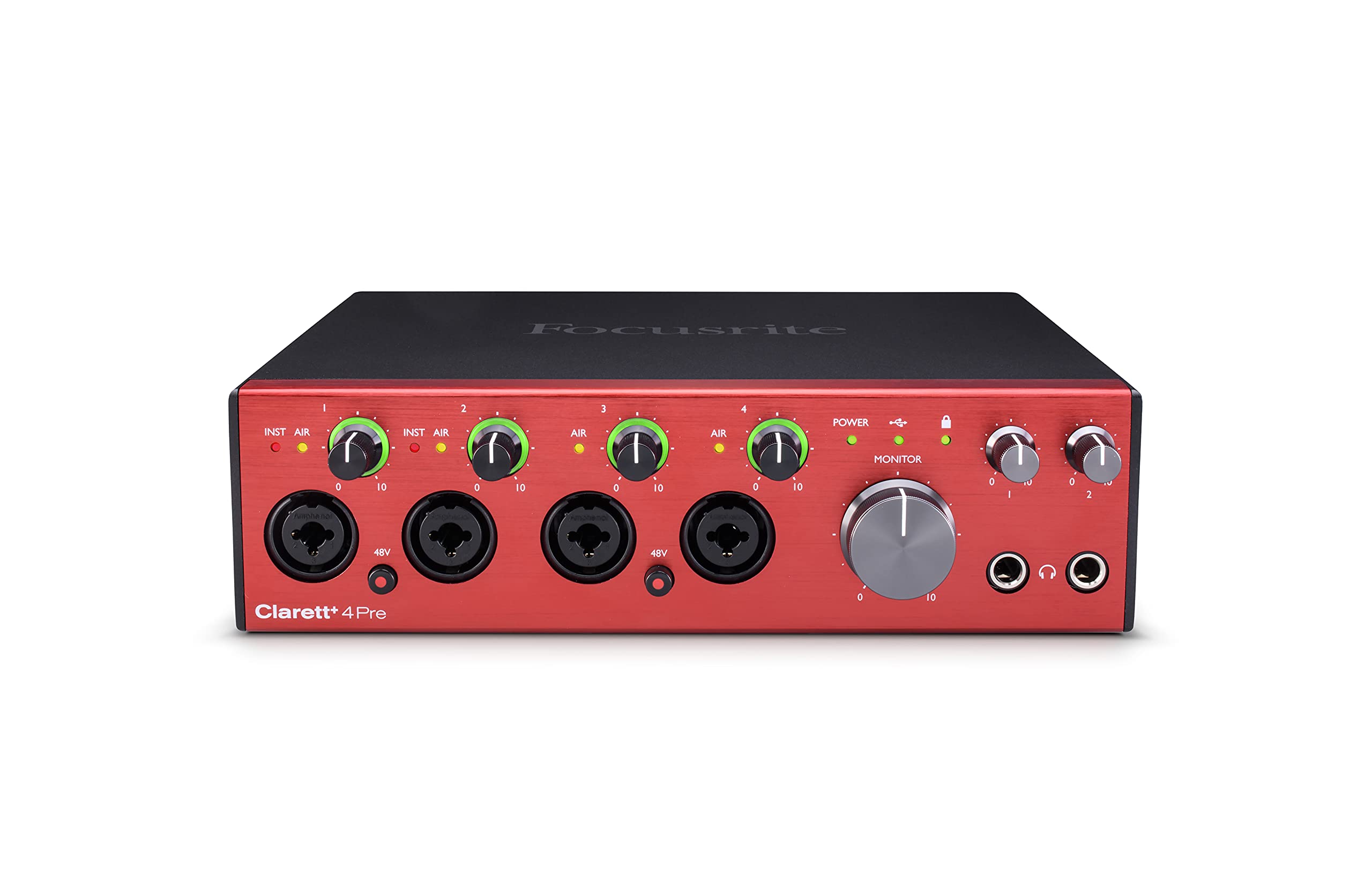 Focusrite Clarett+ 4Pre USB-Audio-Interface in Studioqualität für Musiker*innen – Hochwertige Aufnahmen über vier rausch- und verzerrungsarme Mikrofonvorverstärker für authentische Klangergebnisse