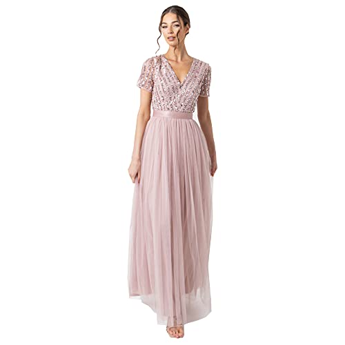 Maya Deluxe Women's Maxi Ladies V-Neck Plus Size Ball Gown Short Sleeves Long Elegant Empire Waist Bridesmaid Dress, Frosted Pink, 40