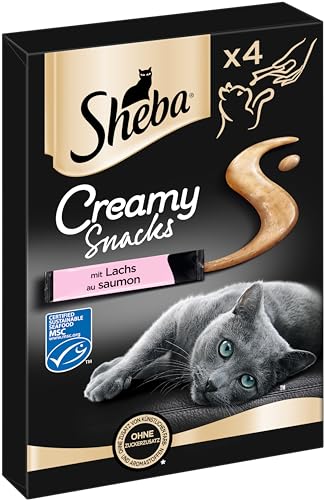 Sheba Creamy Snacks – Cremiges Katzen-Leckerli mit Lachs (MSC) – Praktische Sticks zum aus der Hand Schlecken – 44 x 12g