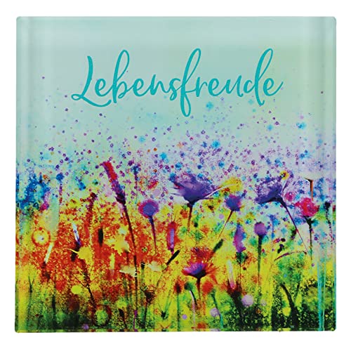 Glas-Quader "Lebensfreude" mit stilisierter Blumenwiese in Geschenkverpackung; Maße 8 x 8 cm, zum Aufhängen