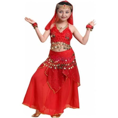 Kinder Mädchens Damen Tanzkleid Top Rock Indische Bauchtänzerin Kostüme Rot XL Höhengeeignet 135-150CM