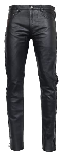 RICANO S/L Cow Waxy, Herren Lederhose mit Schnüren (Slim Fit) aus echtem gewachstem Rind Leder in schwarz oder braun (Schwarz, 32 Inch)