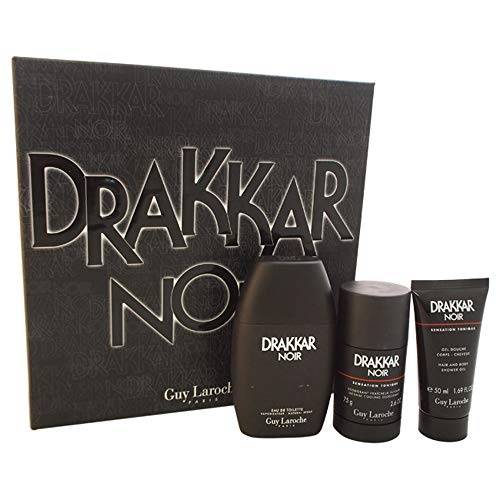 Drakkar Noir by Guy Laroche for Men - 3 Pc Gift Set 3.4oz EDT Spray, 1.69oz Hair and Body Shower Gel, 2.6oz Intense Cooling Deodorant