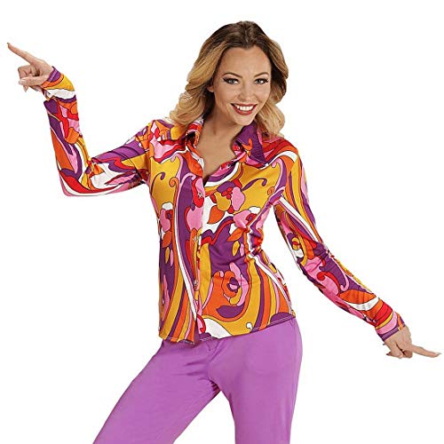 Amakando Bunte Flower Power Bluse mit floralem Muster/Orange-Violett S/M (34-40) / Stilechtes Disco-Oberteil zum 70s Party Outfit/EIN Blickfang zu 70er-Party & Karneval