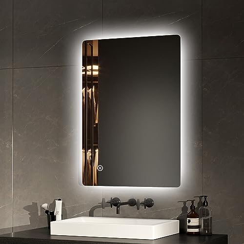 EMKE LED Badspiegel mit Beleuchtung 50x70cm Badezimmerspiegel kaltweiß Lichtspiegel Wandspiegel mit Touchschalter + Beschlagfrei IP44 energiesparend
