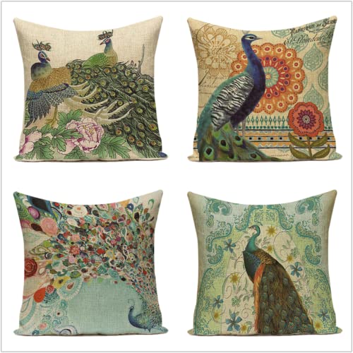 KOBONA 4er Set Dekorativ Leinen Kissenbezug Pfau, Dekokissen Kissenhülle Set Auto Terrasse Sofakissen Garten Outdoor, 60X60CM mit unsichtbarem Reißverschluss