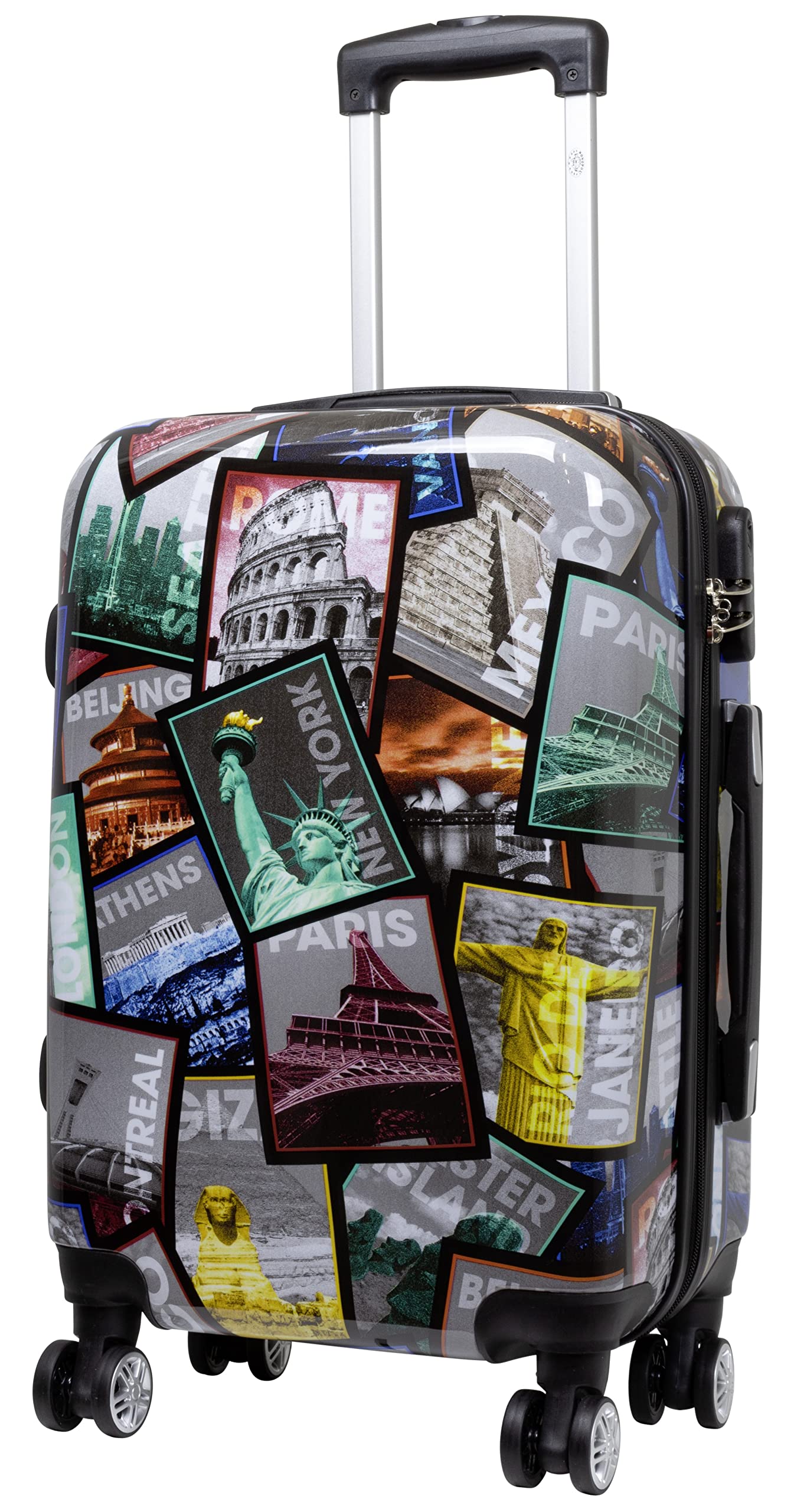 Trendyshop365 Handgepäck Koffer Hartschale klein 57 cm - bunt Motiv Weltreise Rio Athen Paris
