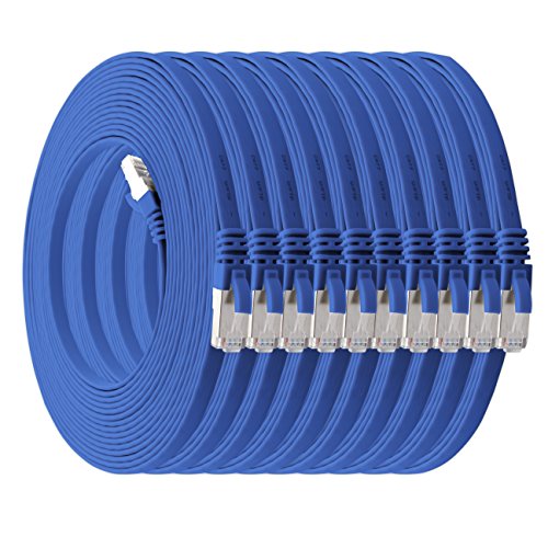 5m - blau - 10 Stück Cat7 Flachkabel Netzwerkkabel Cat 7 Rohkabel Gigabit LAN (10Gbit/s) Flachbandkabel Verlegekabel Patchkabel Flach Slim Rj 45 Stecker Cat6a