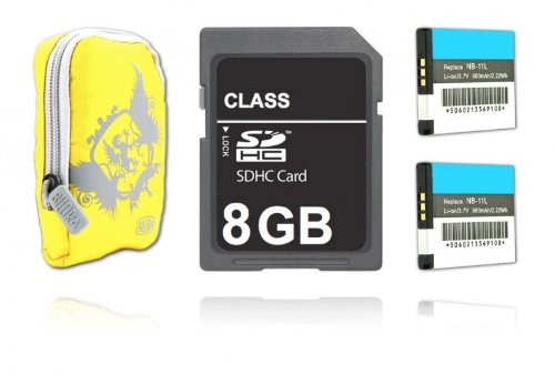 Bilora Style I digital Kamera Tasche gelb + 2 x Dinotech Akku, kompatibel mit Canon NB-11L + 8 GB SDHC Karte