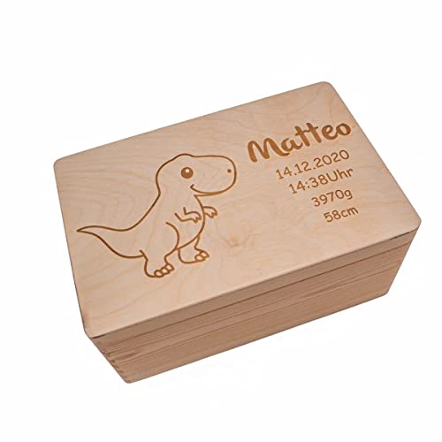 Personalisierte Erinnerungskiste Aufbewahrungsbox Erinnerungsbox für Babys & Kinder I Holzbox - Dino I Personalisierte Geschenke zur Geburt I Box mit Name & Geburtsdaten 40x30x22cm