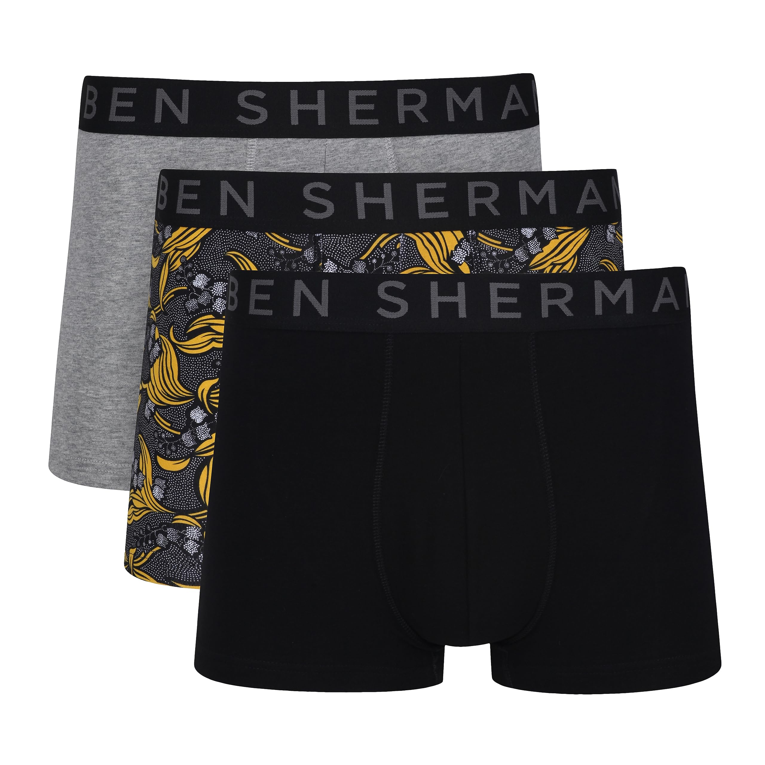 Ben Sherman Herren Men's Boxer Shorts in Black/Pattern/Grey | Soft Touch Cotton Trunks with Elasticated Waistband Boxershorts, M