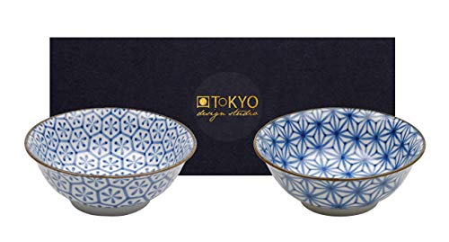 TOKYO design studio Mixed Bowls Kristall 2-er Schalen-Set blau-weiß, Ø 21 cm, ca. 1000 ml, asiatisches Porzellan, Japanisches Design, inkl. Geschenk-Verpackung