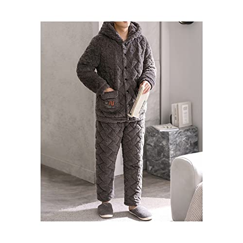 Herren Langer Plüsch Velor-Bademantel-Pyjamas-Winter-dreischichtige verdickte ultra-dicke gesteppte Korallen-Fleece plus Samt-Flanell-Homewear (Color : Grey, Size : XXL)