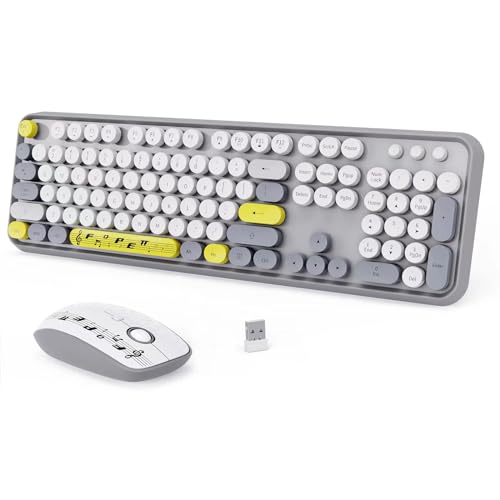 Graue kabellose Tastatur-Maus-Kombination, 2,4 GHz Retro-Schreibmaschine, Letton Büro-Computer-Tastatur und niedliche Maus mit 3 DPI für Mac, PC, Desktop, Laptop