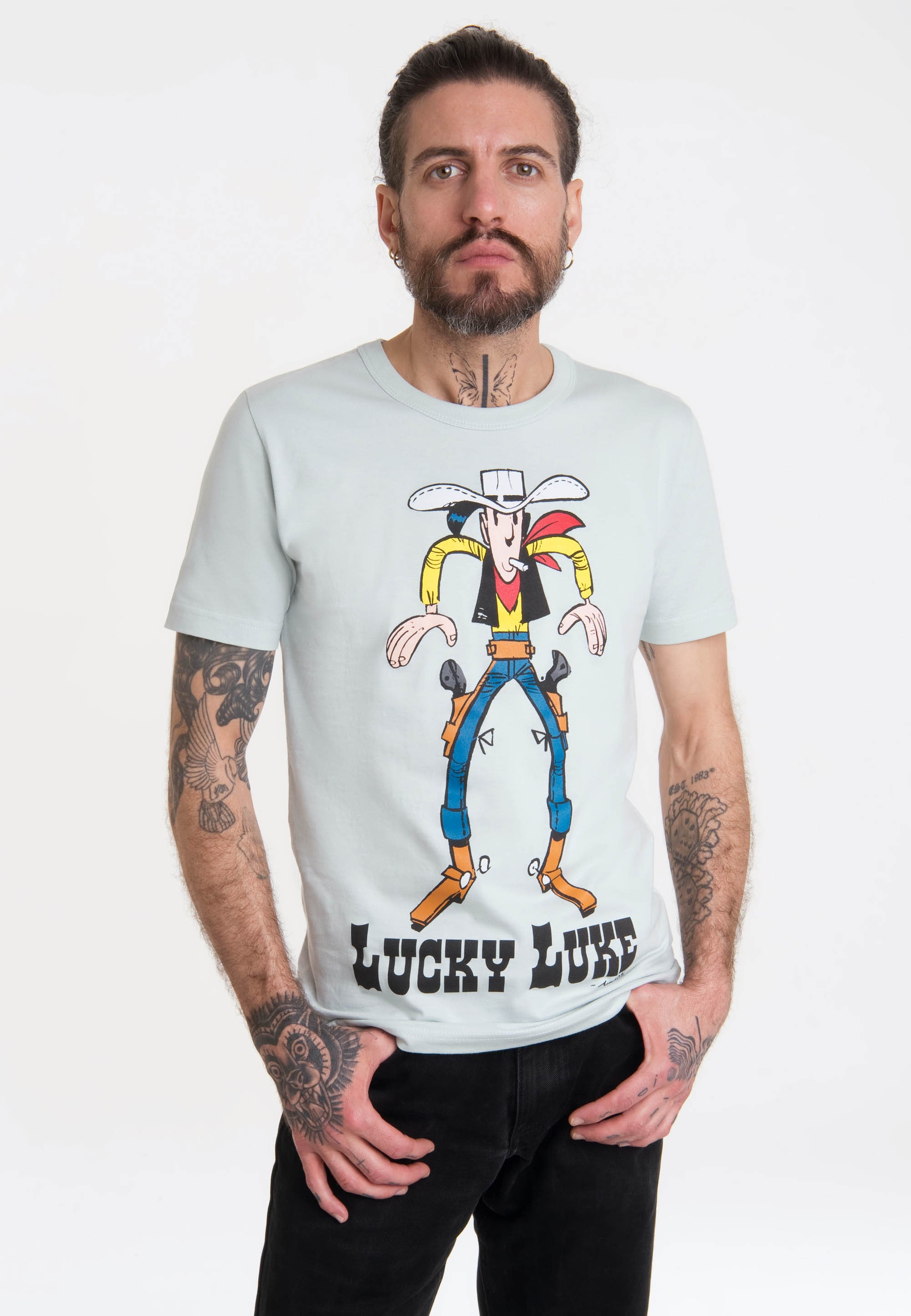 Logoshirt Comic - Cowboy - Lucky Luke - Showdown - T-Shirt Herren - grau - Lizenziertes Originaldesign, Größe M