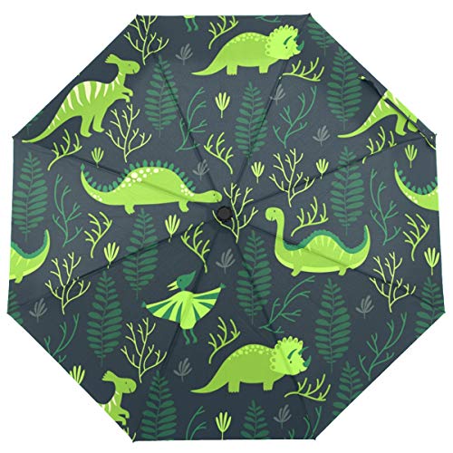 ISAOA Automatischer Reise-Regenschirm für Kinder, Dinosaurier mit Blättern, kompakt, Winddicht