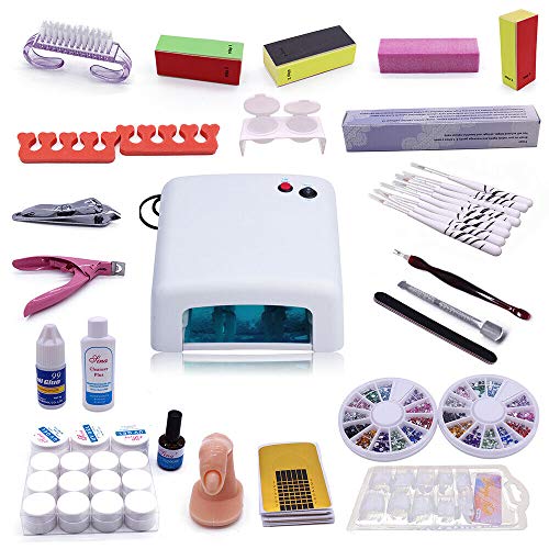 UV Gel Nagelstudio Starter Set -Nageldesign Starterset mit 36W Maniküre UV-lampe 1x12 Lichttherapie Leim 100xNagel Tabletten für Nailart-Anfänger