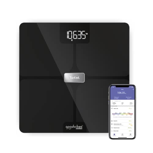 Tefal Goodvibes Health Smart Waage, 14 Körperanzeigen, vernetzte App, unbegrenzte Benutzeranzahl, 180 kg Kapazität und Glasplatte 32 x 32 cm, schwarz BM9670S1