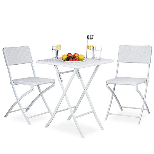 BAKAJI Set aus Tisch + 2 Klappstühlen, Gartenmöbel, aus Polyrattan, weiß, Rattan, Metall, Standard