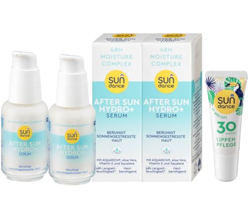 SUNDANCE 3er-Set Hautpflege: Serum AFTER SUN Hydro+ beruhigt sonnengestresste Haut, erfrischt & spendet Feuchtigkeit nach dem Sonnenbad (2 x 30 ml) + Lippenpflege MINZE, LSF 30 (10 ml), 70 ml