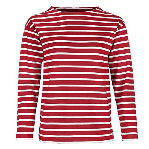 modAS Damen Shirt Bretonisches Damenshirt mit U-Boot Ausschnitt - Ringelshirt Streifenshirt Langarmshirt mit Streifen aus Baumwolle in Rot/Weiß in Größe 46