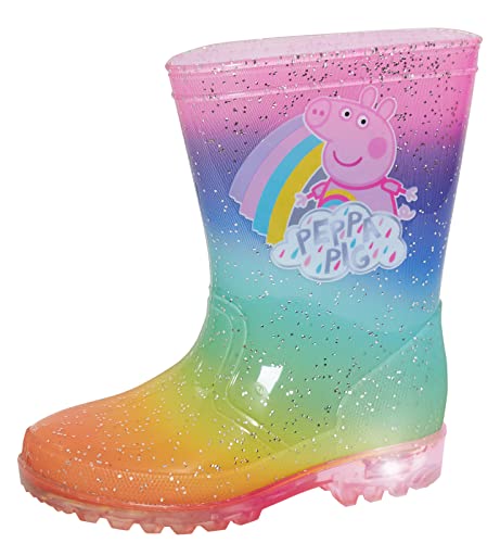 Peppa Pig Leuchtende Regenbogen-Gummistiefel für Mädchen, Glitzer-Gummistiefel für Kinder, blinkende Lichter, Schneeschuhe, regenbogenfarben, 27 EU