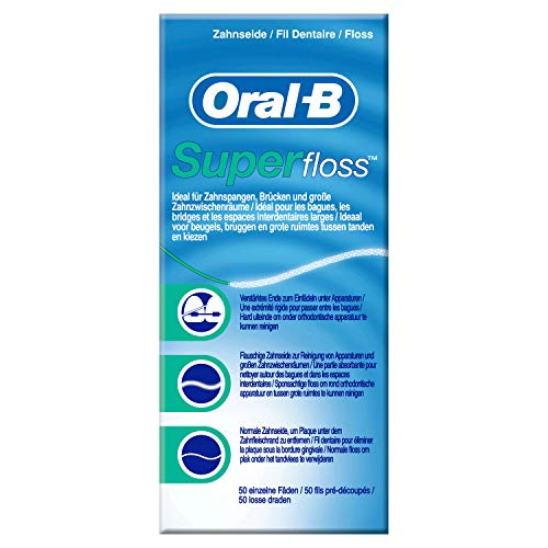 Oral-B SuperFloss Zahnseide, 12er Pack, 50 Vorgeschnittene Fäden, Ideal für Zahnspangen, Brücken und Breite Zahnzwischenräume