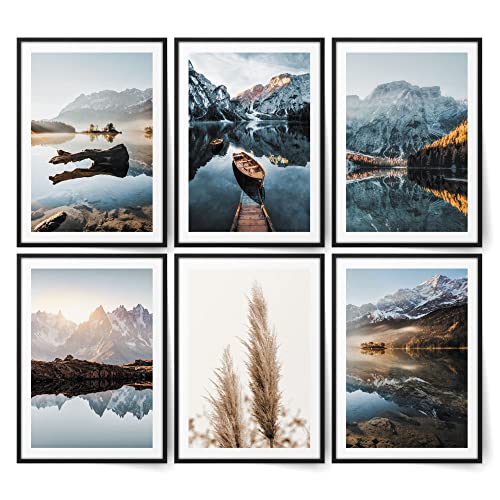 BLCKART Infinity Dreamy Mountains Bilder Set Stilvolle Beidseitige Natur Poster Berge Skandinavische Schlafzimmer Deko (L | 6x A3 | Holzrahmen (schwarz), DREAMY MOUNTAINS | PAMPAS)