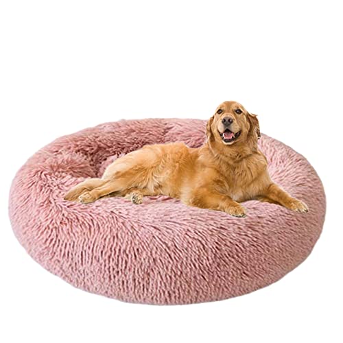 Linderung von Angstzuständen, Donut-Hundebett, Plüsch-Haustierbett mit rutschfester Unterseite, waschbar, selbstwärmend, flauschig, beruhigend, für mittelgroße und große Hunde und Katzen, 130 cm, Rosa