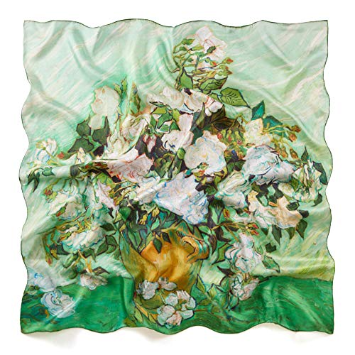 prettystern Damen grün Seiden-Tücher Seiden-Malerei Kunstdruck 90cm van Gogh Vase Rosen P588
