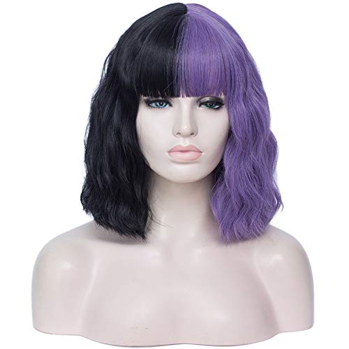 14" Ombre Perücke kurze zweifarbige Mischung lange gewellte Perücken Frauen schulterlange lockige synthetische Cosplay hitzebeständige Perücke mit Pony & Perücke Kappe für Party,Black+light purple