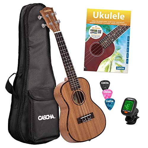 CASCHA Premium Mahagoni Konzert Ukulele Set, kleine Hawaii Gitarre mit Lehrbuch, Stimmgerät, Aquila-Saiten, Tasche, 3 Plektren