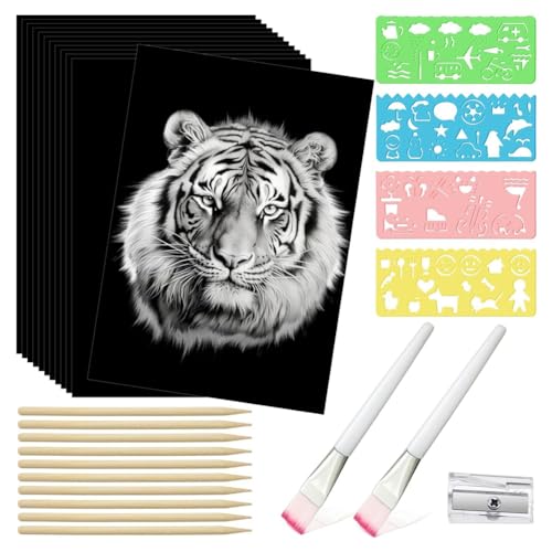 LINGLOUZAN 67-Teiliges Scratch Paper Art Set Kit für Kinder und Erwachsene. Enthält 50 Blatt 8,5 X 11,0 A4 Schwarz Beschichtetes Kratzpapier.